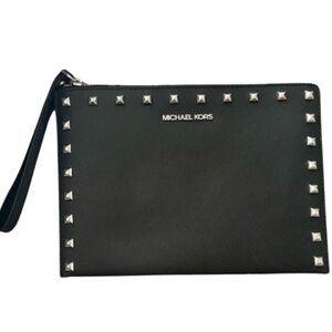 Michael Kors XL Zip Clutch Smooth Leather Signature Logo Checker Wristlet Black